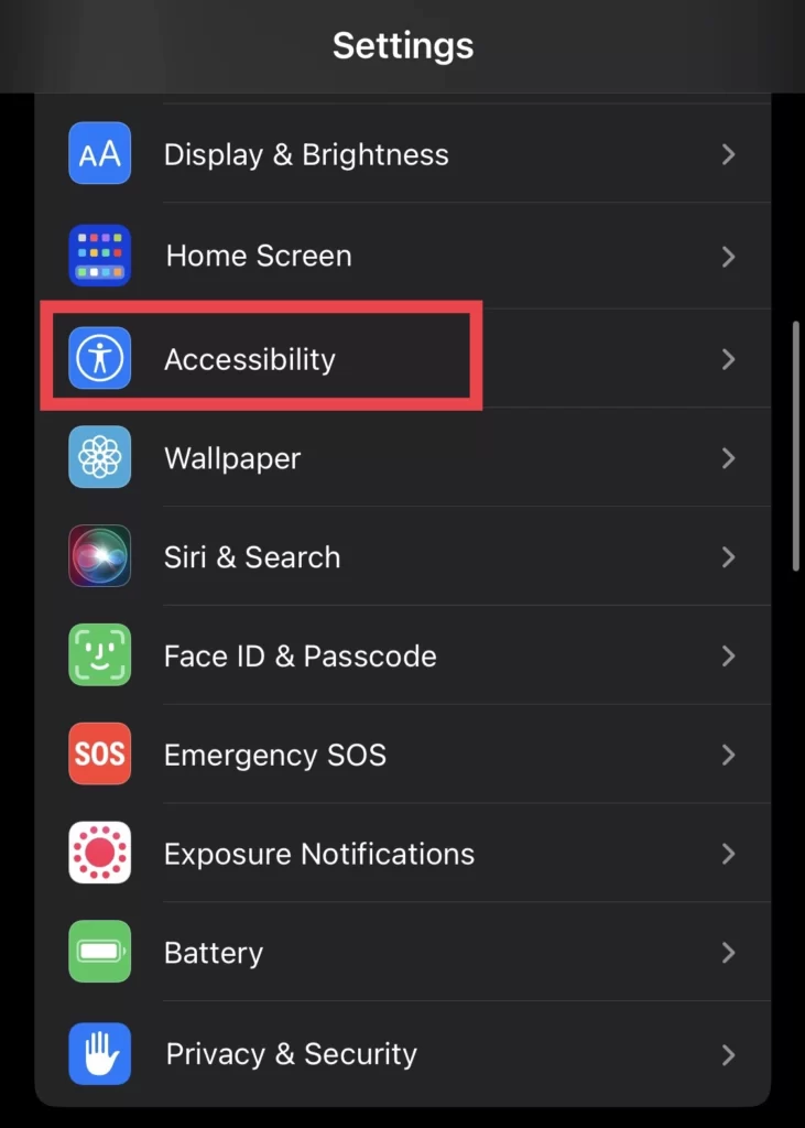 Then select Accessibility from the settings menu.