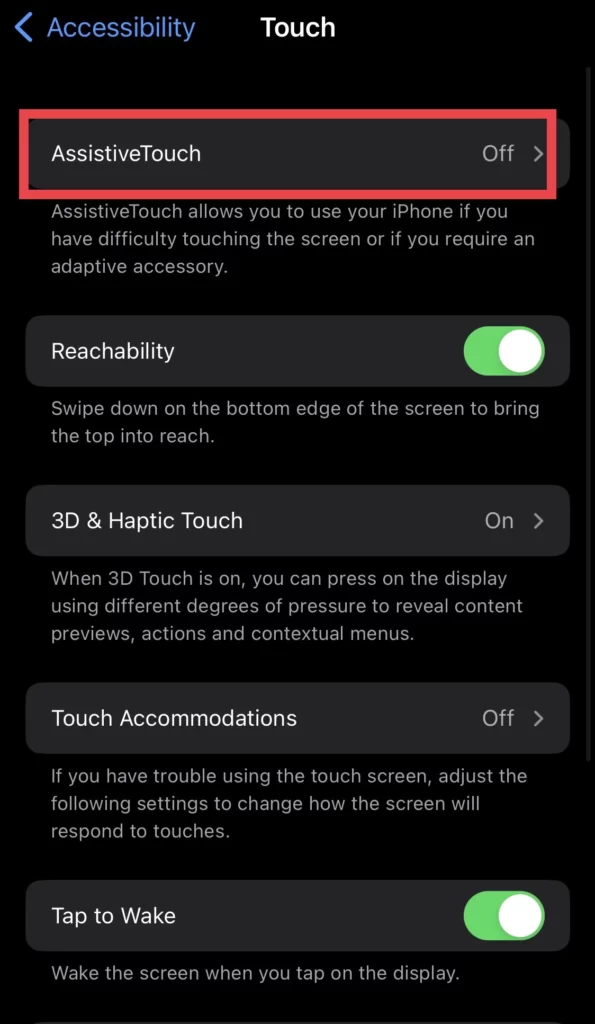 Next, select Assistive Touch from the touch menu.