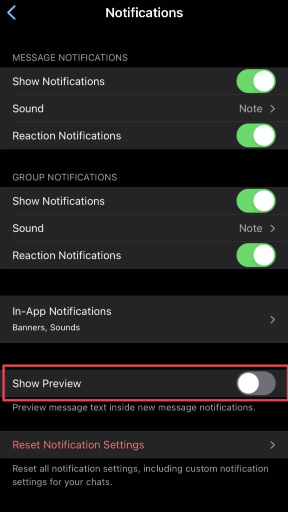 And tap to turn off the Show Preview feature.