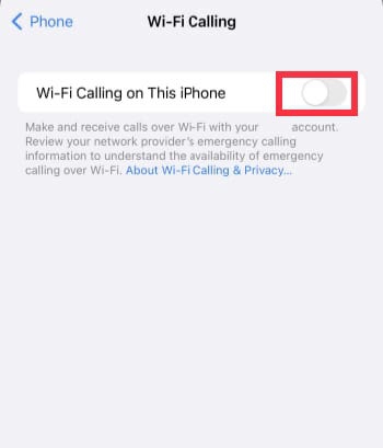 Next, toggle on Wi-Fi Calling on This iPhone.