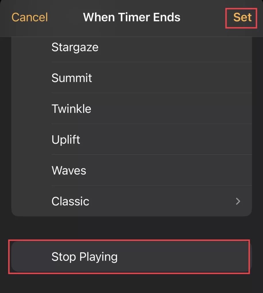 Next, select on "Stop Playing" and tap on the "Set" button.