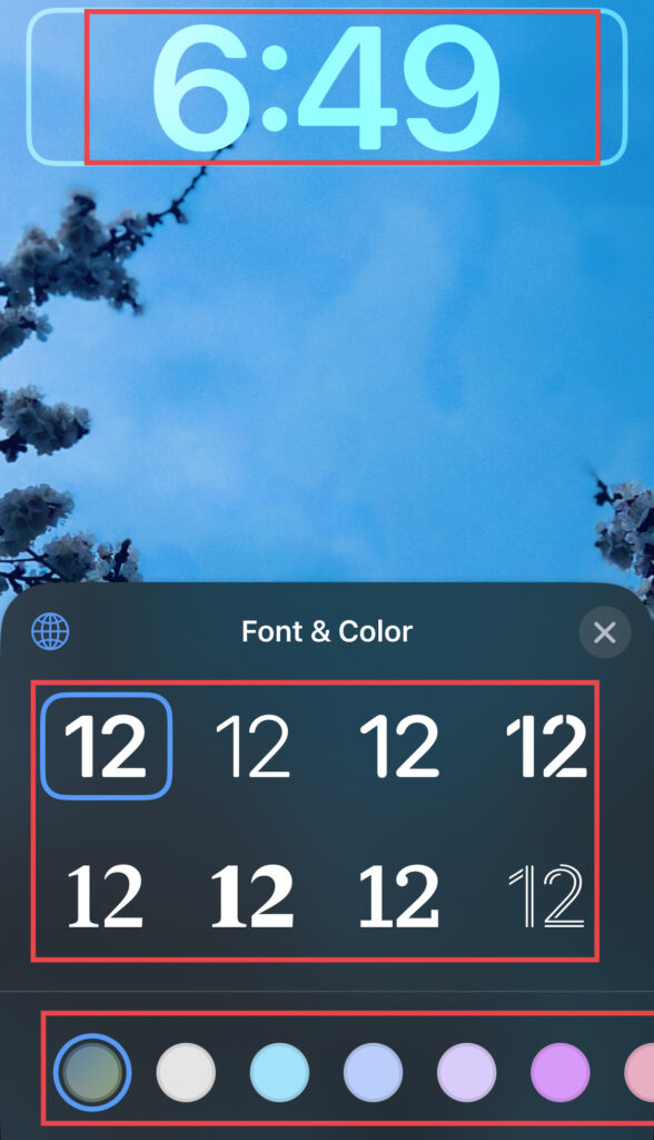 Tap on "Time" To change the time font and color.