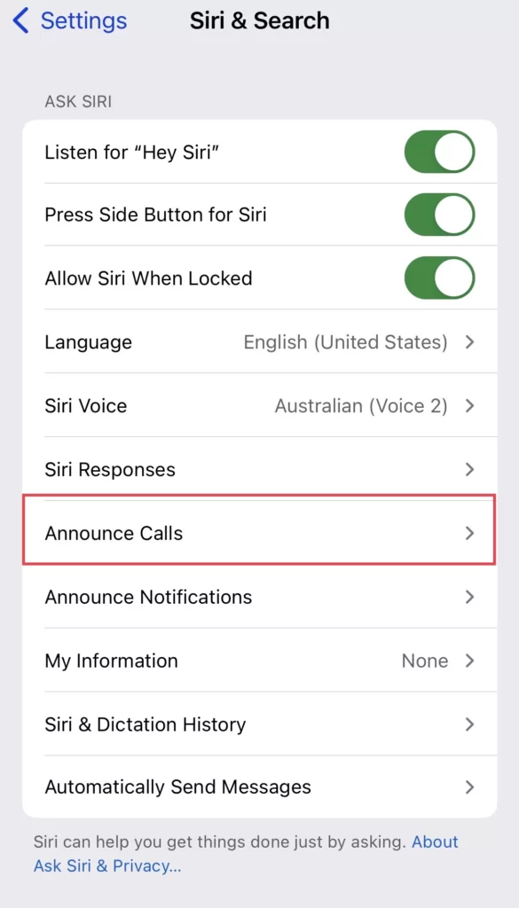 Next, select Announce Calls from the Siri menu.