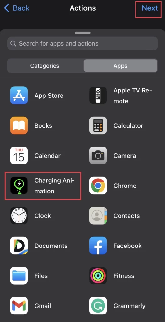 Then tap on Apps and select Charging Animation.