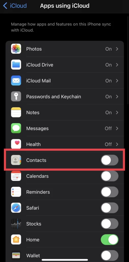 Tap to turn on Contacts app for iCloud.