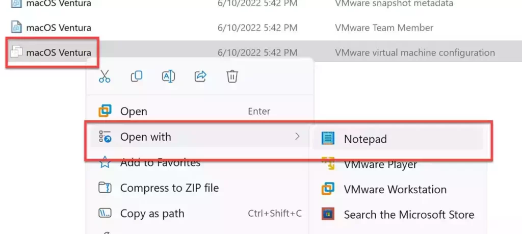 Open the macOS Ventura VMX file with Notepad