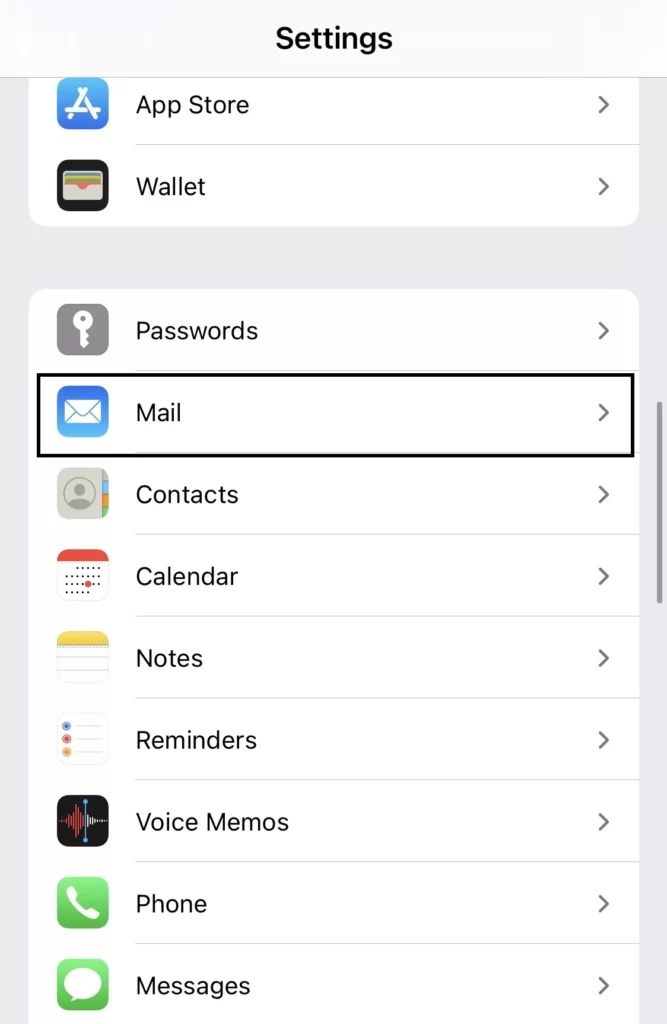Tap on Mail from the settings menu,.
