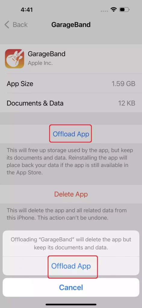 To clear the app cache, tap Offload App
