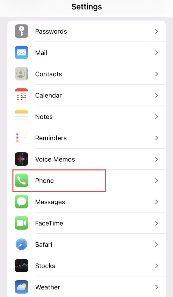 Select Phone from the settings menu.