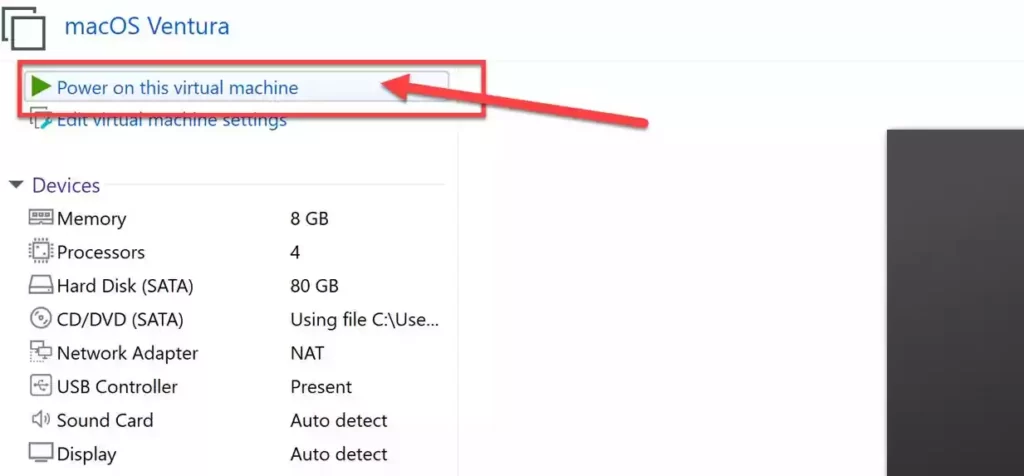 Power on the macOS Ventura virtual machine