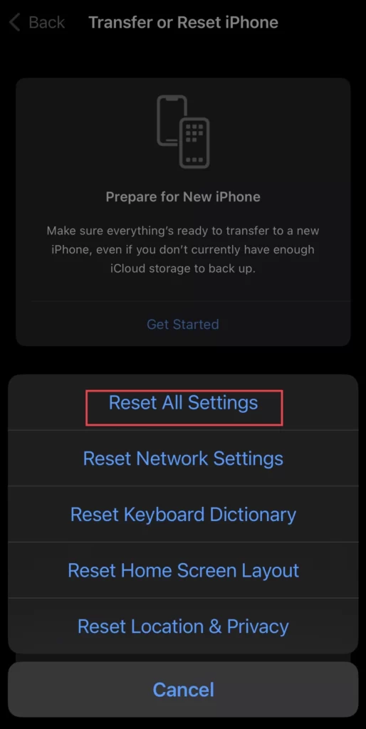 Next, tap on Reset All Settings.