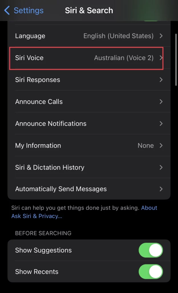 From the Siri & Search menu select Siri Voice.