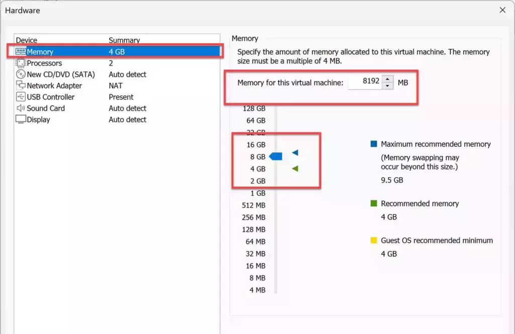 Select memory for the virtual machine