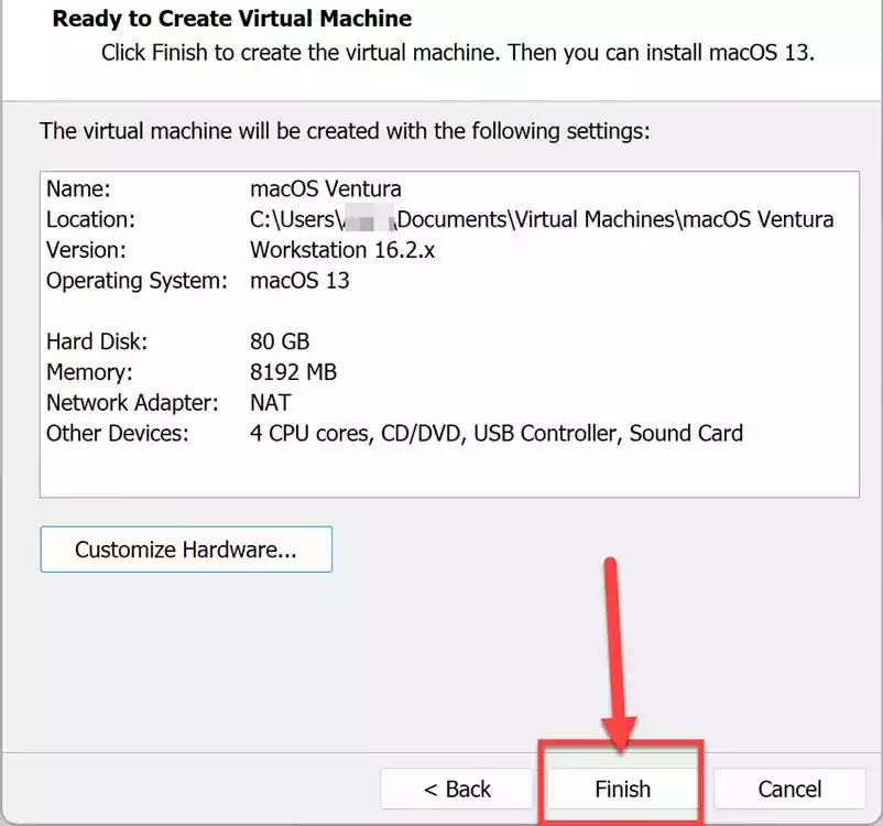 Finish creating virtual machine for macOS Ventura