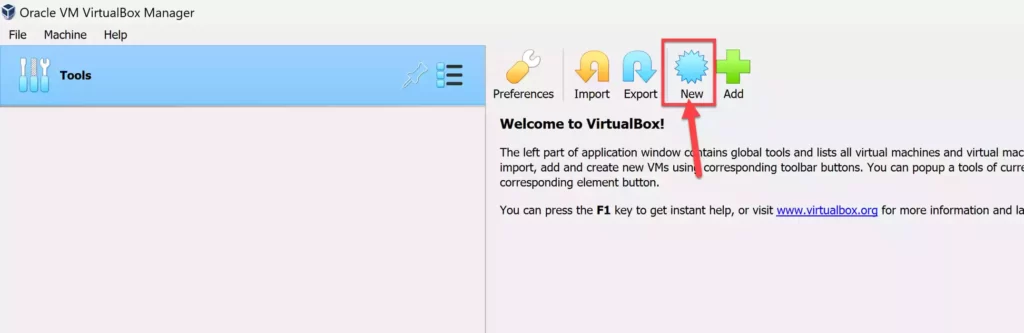 Tap on New in VirtualBox