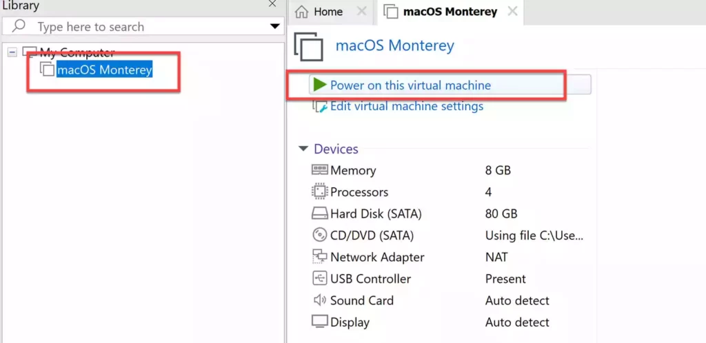 Power on the macOS Monterey virtual machine