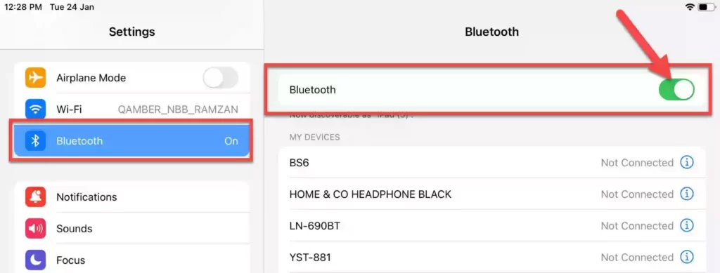 Turning on Bluetooth on iPad