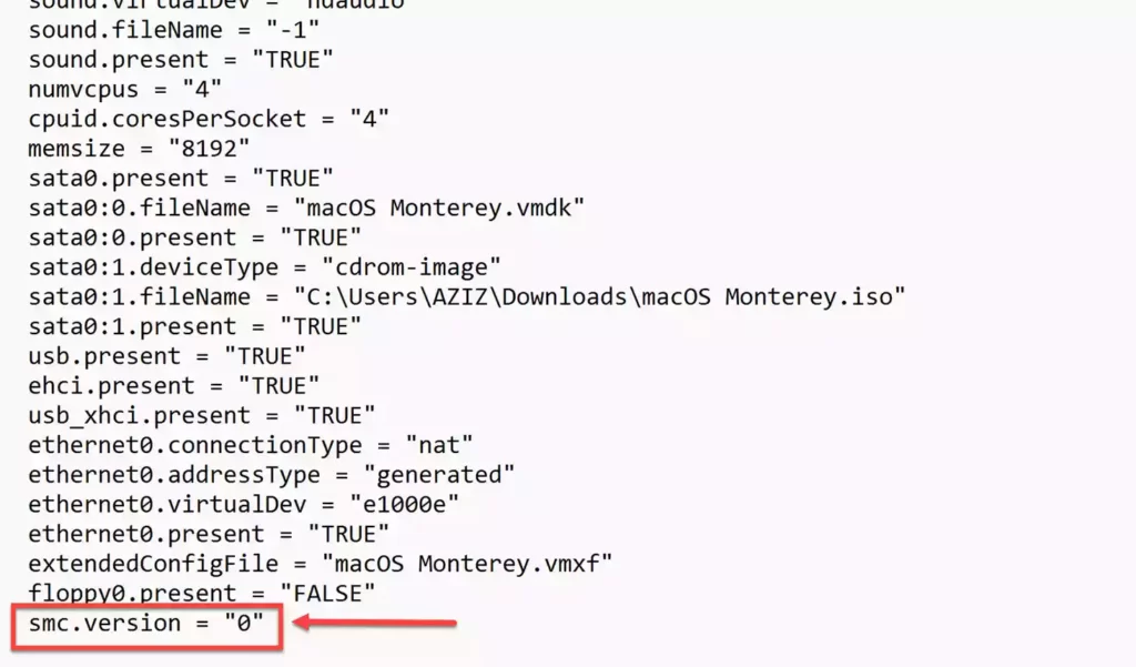 smc.version = "0" added to macOS Monterey VMX file