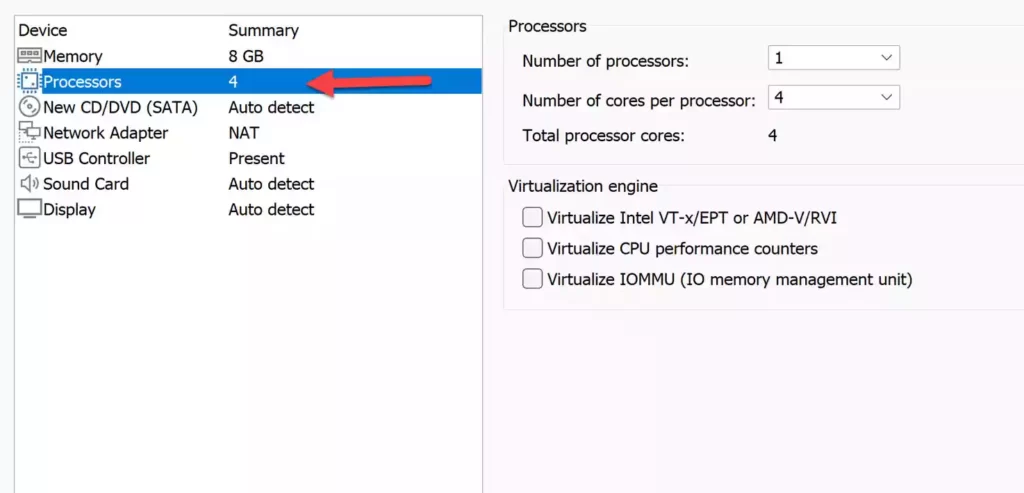 Processors allocated for macOS Monterey virtual machine