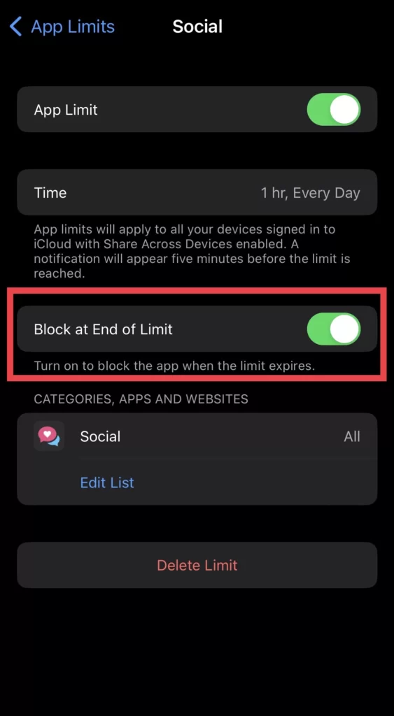 Turn on the Block at End of Limit.