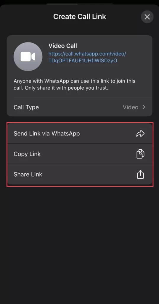 To share the call link choose one of the sharing options.