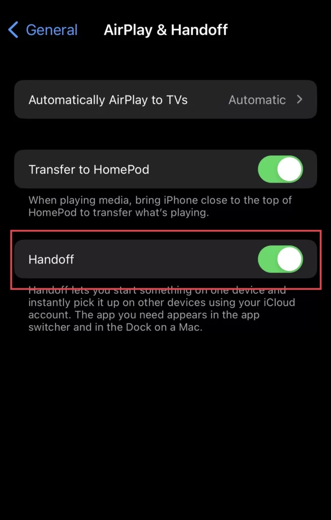 Finally turn off the Handoff feature.