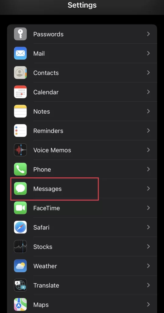 Select Messages from Settings menu.