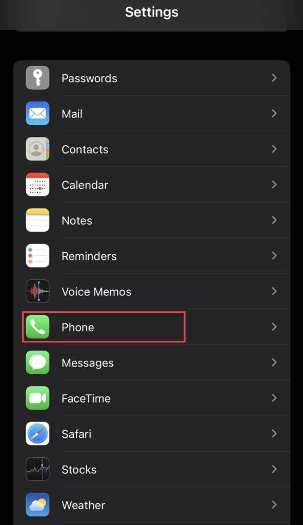 Select Phone from Settings menu.