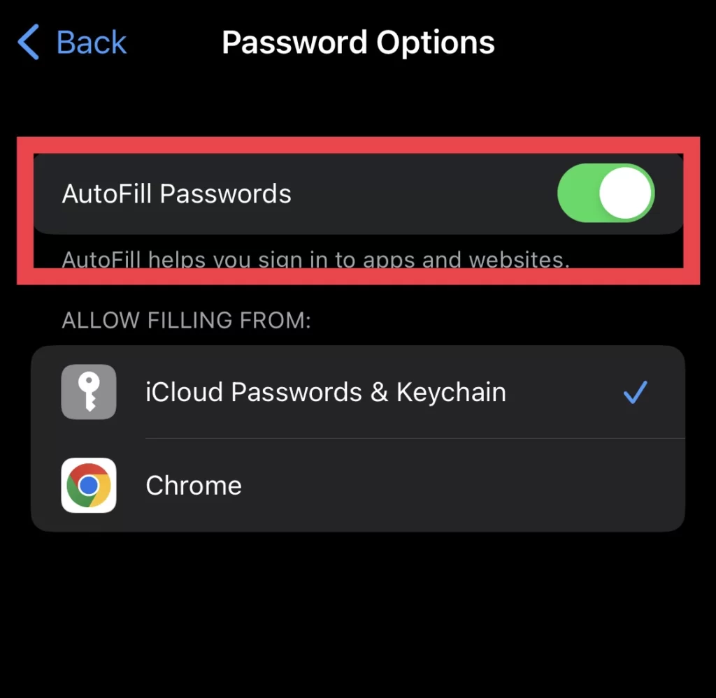 Now turn on/off Autofill Passwords.