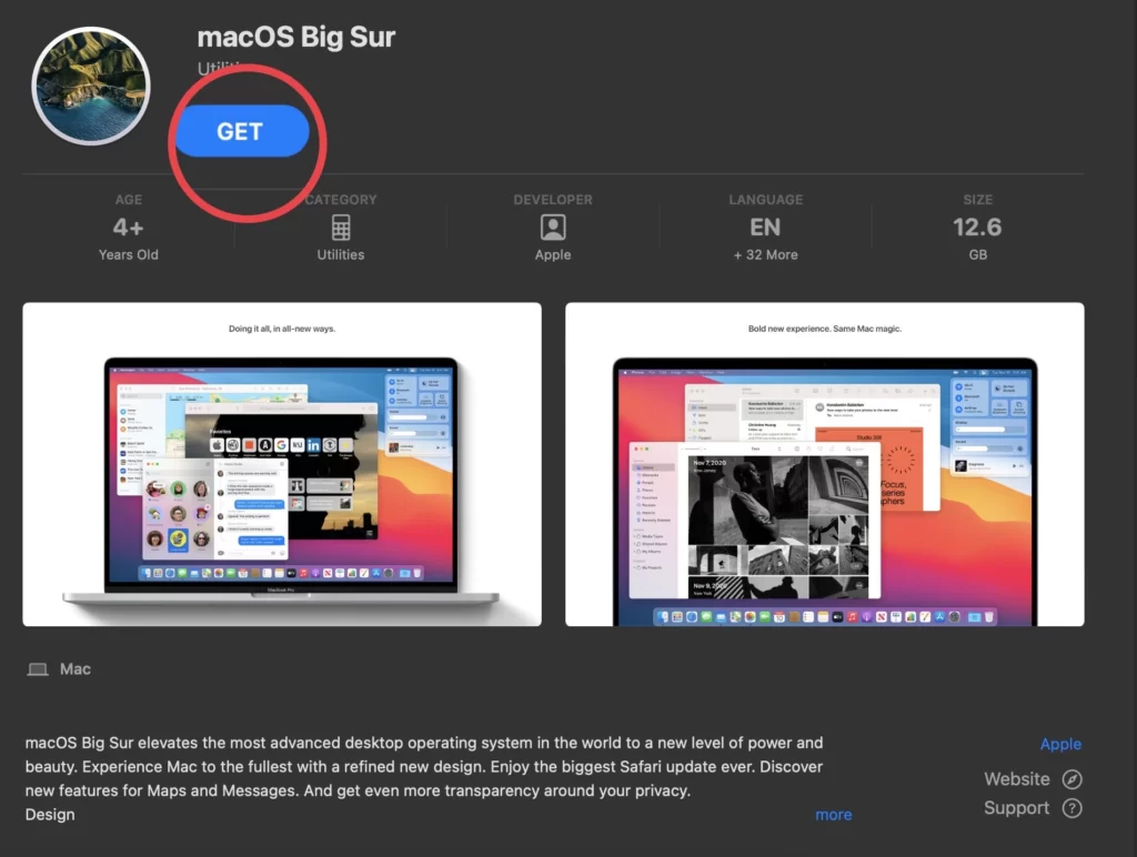 Then search for macOS Big Sur and tap on Get to install it.
