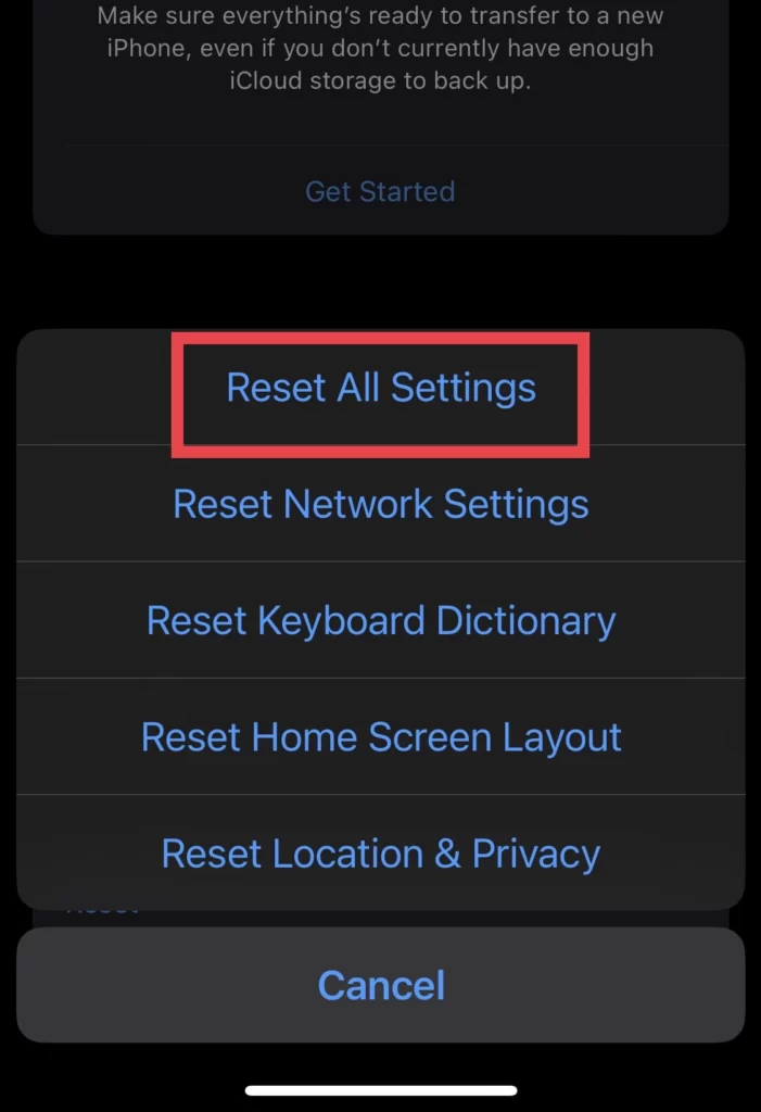 Then select the Reset All Settings option.