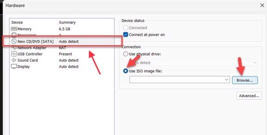 Tick the "Use ISO image file" option from New CD/DVD (SATA) menu and browse.