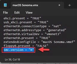 Type the (smc.version= "0") code for customizing the VM configuration. 