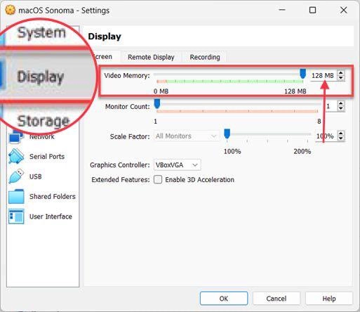 Now tap on Display and increase the video Memory to 128MB.