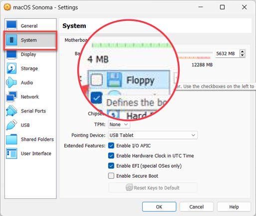 Next, go to System and select Floppy from Motherboard section.