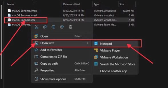 Open the macOS Sonoma.vmx ih Notepad.