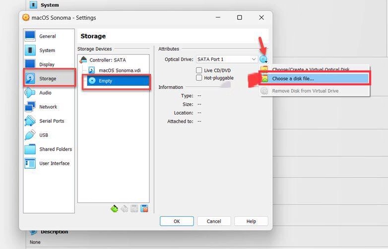 Navigate to Storage> Empty> CD icon and select the Choose a Disc File and make sure the that the Live CD or DVD is checked.