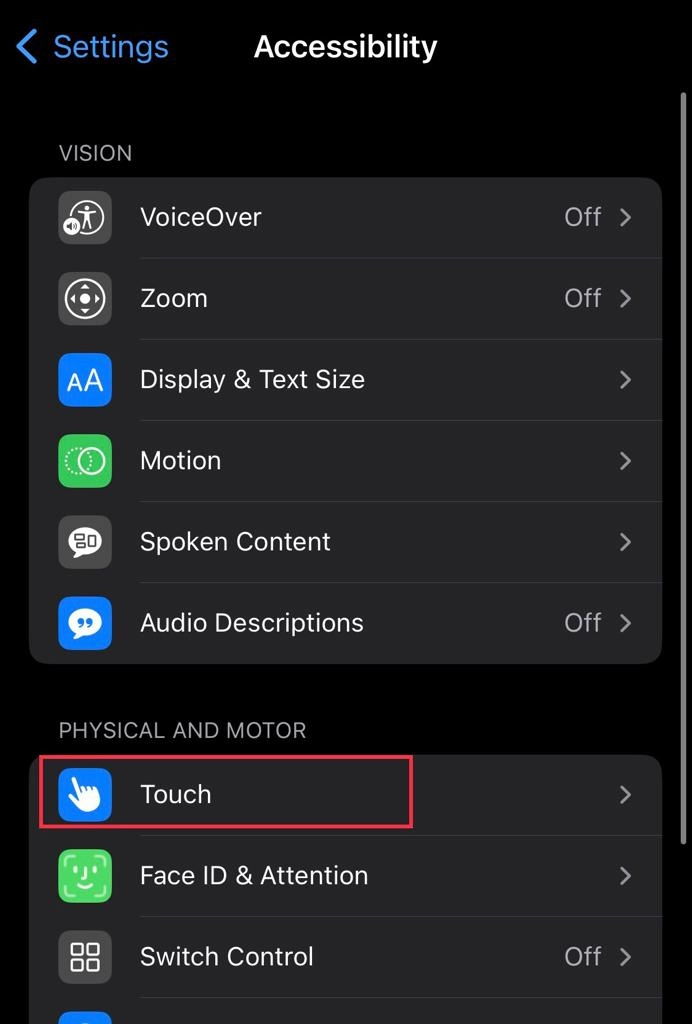Then select Touch from Accessibility menu.