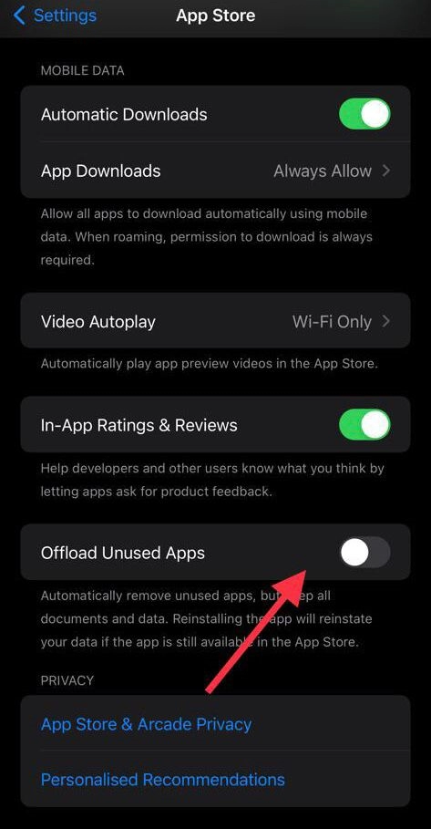 Turn off the Offload Unused Apps feature.